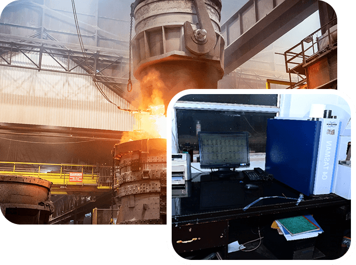 Ladle pouring liquid steel and the optical emission spectrometer used for testing